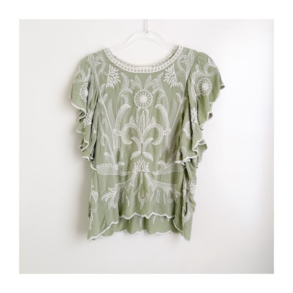 Anthropologie Sage and Ivory Floral Blouse